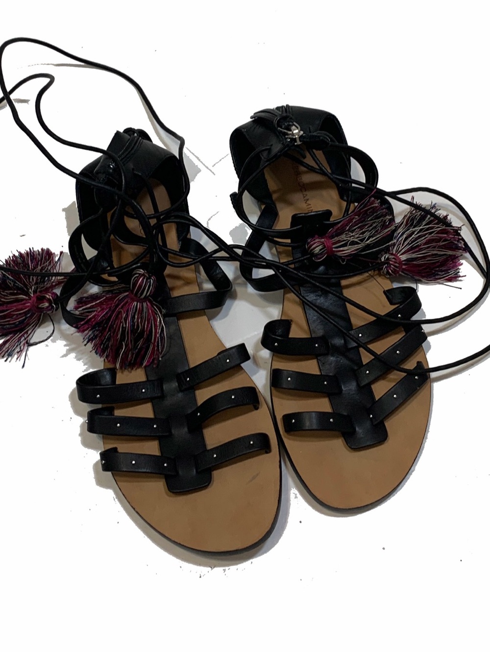 rebecca minkoff sandals Black Lace-Up Gladiator Sandals with Tassel Accents